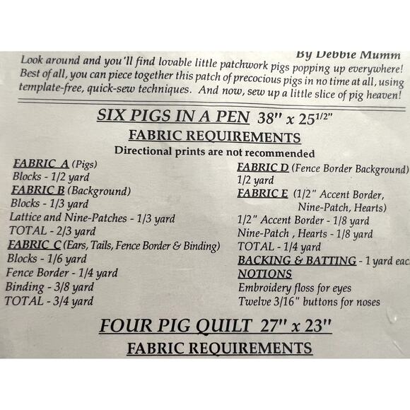 Debbie Mumm patchwork pigs quilt pattern 38in x 25 1/2in - Picture 5 of 6